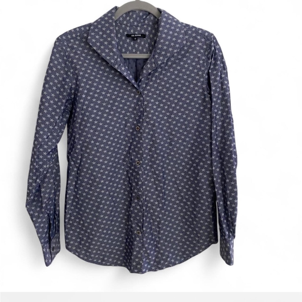 KAL RIEMAN BLUE STAR PRINT 100% COTTON LONG SLEEVE BLOUSE SIZE 6 SMALL